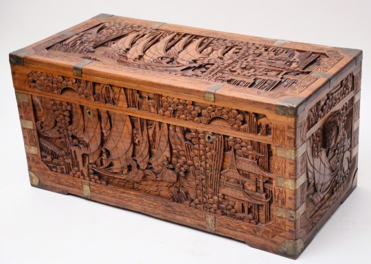 Chinese Export Carved Camphorwood Chest