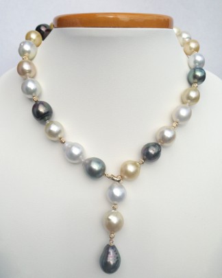 Gold, Black Silver and White South Sea Baroque Pearl Lariat Necklace