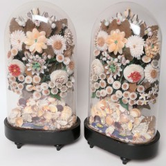 Pair of Victorian Shell Flower Arrangements Under Glass  Domes