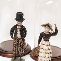 Pair of Early 19th Century French Coquille Figurines of Man and Woman Under Glass Domes