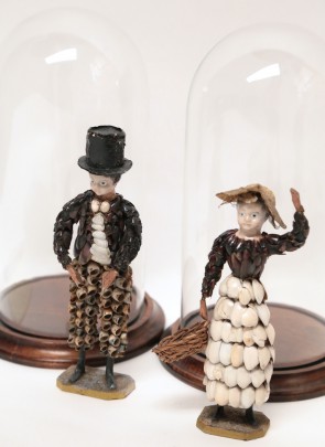 Pair of Early 19th Century French Coquille Figurines of Man and Woman Under Glass Domes