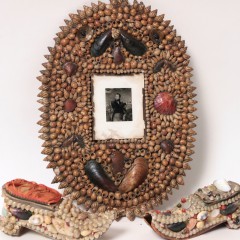 19th Century Oval Shell Encrusted Picture Frame and Pair of Victorian Shell Encrusted Hinged Shoe Boxes