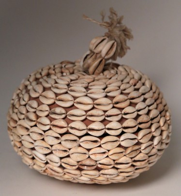 African Leather Covered Bowl Encrusted with Shells