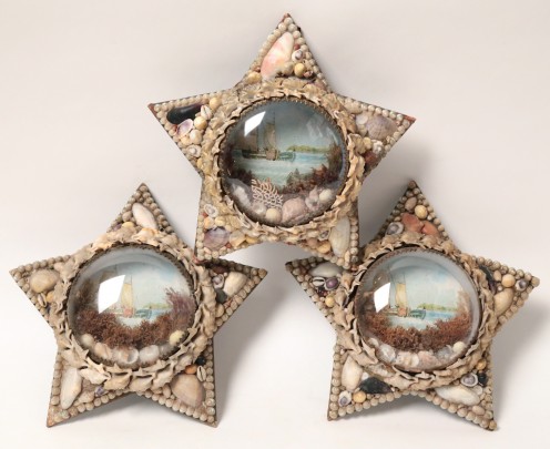 Three Victorian Shell Encrusted Star Form Framed Nautical Prints