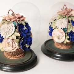 Pair of Victorian Miniature Shell Towers Under Glass Domes