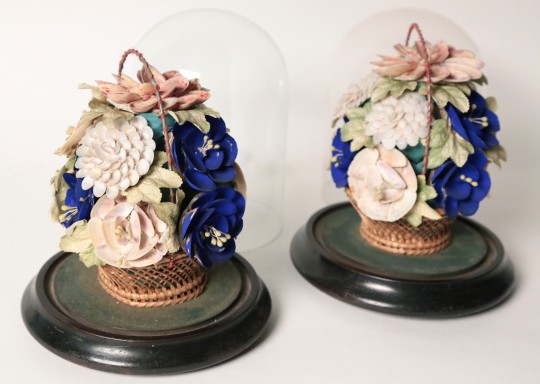 Pair of Victorian Miniature Shell Towers Under Glass Domes