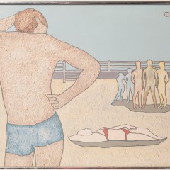 Pair of Mixed Media Oil and Sand Paintings of Venice Beach Sunbathers