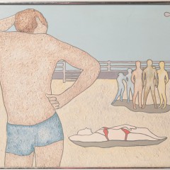 Pair of Mixed Media Oil and Sand Paintings of Venice Beach Sunbathers