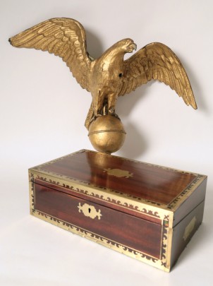 19th Century Brass Inlaid Mahogany Lap Box and American Carved Gilt Eagle Weather Vane