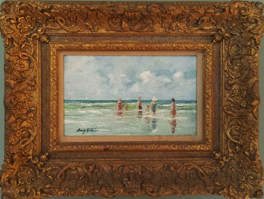 An Oil on Canvas Board by Ray Ellis entitled "Seaside Pleasures" depicting beach goers in the surf