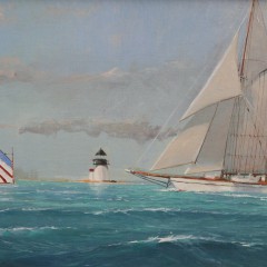 An Oil on Canvas by William Lowe depicting a schooner passing Brant Point Light with Rainbow Fleet boats in the background.