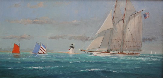 An Oil on Canvas by William Lowe depicting a schooner passing Brant Point Light with Rainbow Fleet boats in the background.