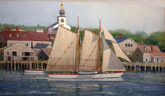 Oil on Canvas by William Lowe Entitled "View of Schooner Passing Nantucket Shoreline"