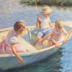 Oil on Canvas painting by Susan Doyle depciting three children in a small boat fishing