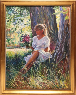 Juan Clarke oil on canvas "Portrait of a Young Girl" depicting a girl in a white frock with trees and pink flower bouquet.