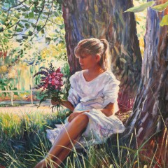 Juan Clarke oil on canvas "Portrait of a Young Girl" depicting a girl in a white frock with trees and pink flower bouquet.