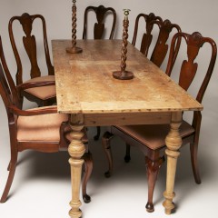 Antique Narrow Pine Dining Table, Queen Anne Chairs and English Oak Candlesticks