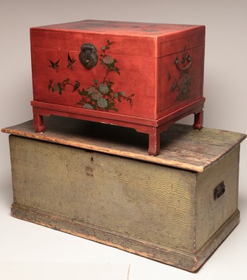 American Pine Blanket Chest, Chinese Red Leather Trunk