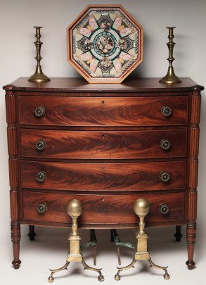 Mahogany Sheraton Chest of Drawers, 19th Century Brass Boston Balltop Andirons and other items