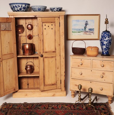 Narrow Pine Pie Safe pictured with English Pine Two Over Two Drawer Chest and Other Assorted Items