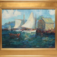 David Lazarus Oil on Canvas "Sail Boats at Dock"