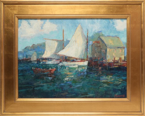 David Lazarus Oil on Canvas "Sail Boats at Dock"