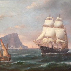 Oil on Canvas of Square Rigged American Ship Leaving Port