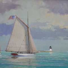 William Lowe Oil on Linen "Gaff Rigged Sloop Departing Nantucket