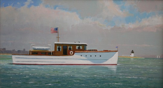 William Lowe Fine Art Oil on Linen "Motor Yacht Passing Brant Point Light"