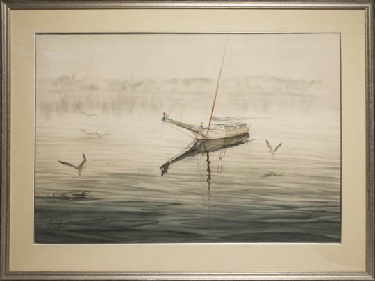 C. Robert Perrin Watercolor on Paper "View of the Sailboat Brumble in Nantucket Harbor"