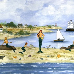 Jan Munro Folk Art Mixed Media on Rag Paper "Mermaids on the Beach, 