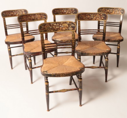 Set of Six Early 19th Century Hand Decorated Rush Seat Dining Chairs