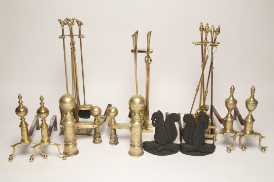 Assortment of Brass & Iron Andirons and Fire Tools