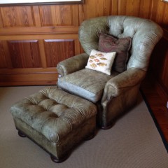 Wood and Distressed Grey Leather Armchair and Ottoman