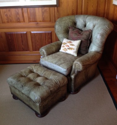 Wood and Distressed Grey Leather Armchair and Ottoman