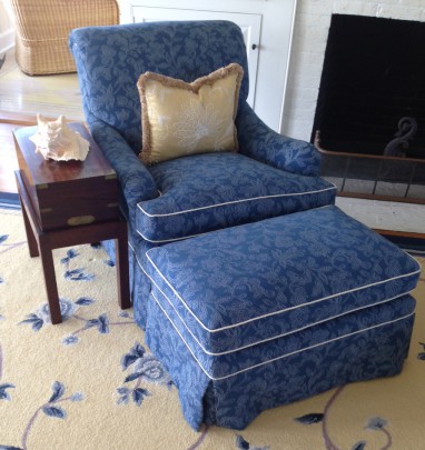 Pair of Blue and White Upholstered Armchairs and Ottomans