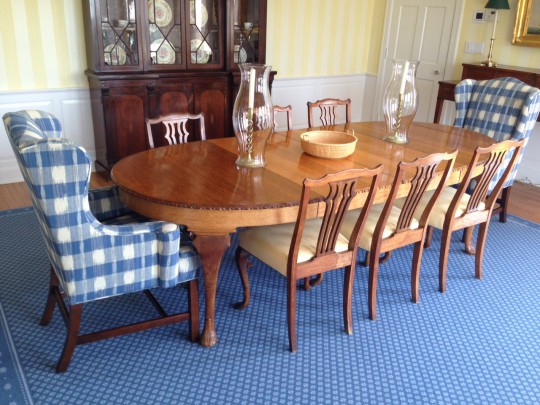 Dining Table, Six Upholstered Seat Side Chairs and Two Upholstered Armchairs