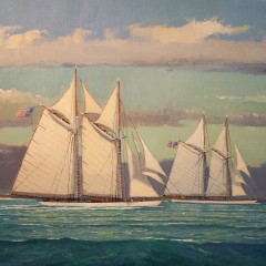 William Lowe Oil on Canvas "Two Schooners Passing Brant Point Light, Nantucket"