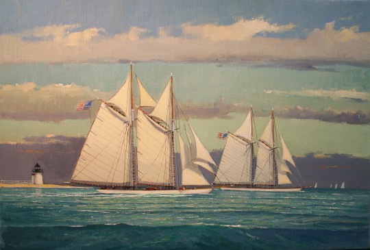 William Lowe Oil on Canvas "Two Schooners Passing Brant Point Light, Nantucket"