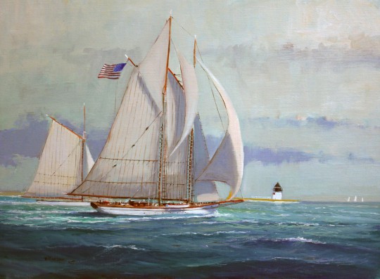 William Lowe Oil on Linen "Schooner with Gaff Rigged Sloop Departing Nantucket"