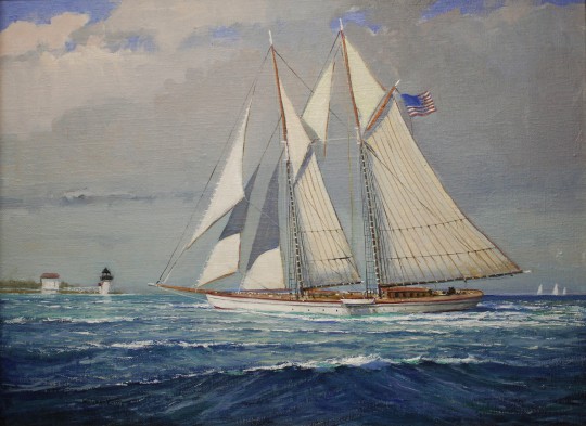 William W. Lowe Oil on Canvas "Yacht Heading into Nantucket Harbor"