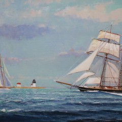 William W. Lowe Oil on Linen "Topsail Schooner, Schooner and Catboats, Nantucket"