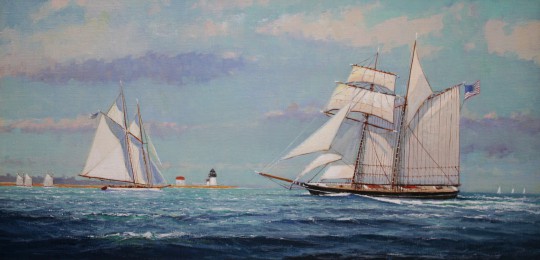 William W. Lowe Oil on Linen "Topsail Schooner, Schooner and Catboats, Nantucket"