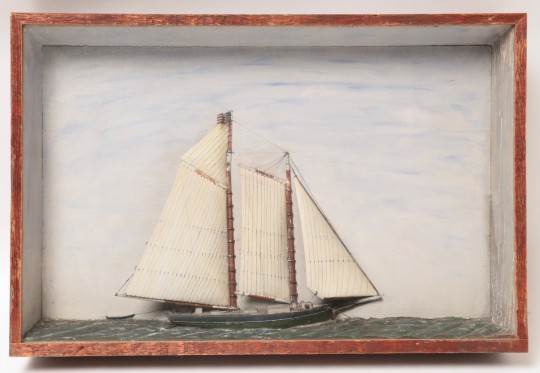 Antique Shadow Box of a Carved and Painted Mounted American Schooner