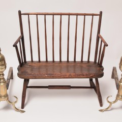 18th Century American Windsor Miniature Bench & Pair of Period Brass Bullet Top Andirons