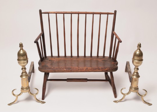 18th Century American Windsor Miniature Bench & Pair of Period Brass Bullet Top Andirons