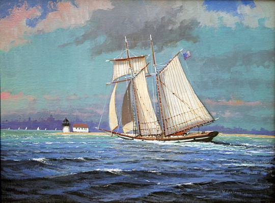 William W. Lowe Oil on Linen "Topsail Schooner Entering Nantucket"