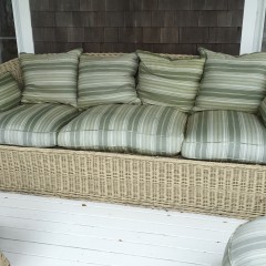 English Wicker Sofa and Pair of Armchairs with Ottomans