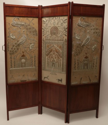 Anglo-Indian Gold and Silver Embroidery on Silk Three-Panel Screen