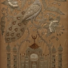 Anglo-Indian Gold and Silver Embroidery on Silk Three-Panel Room Screen